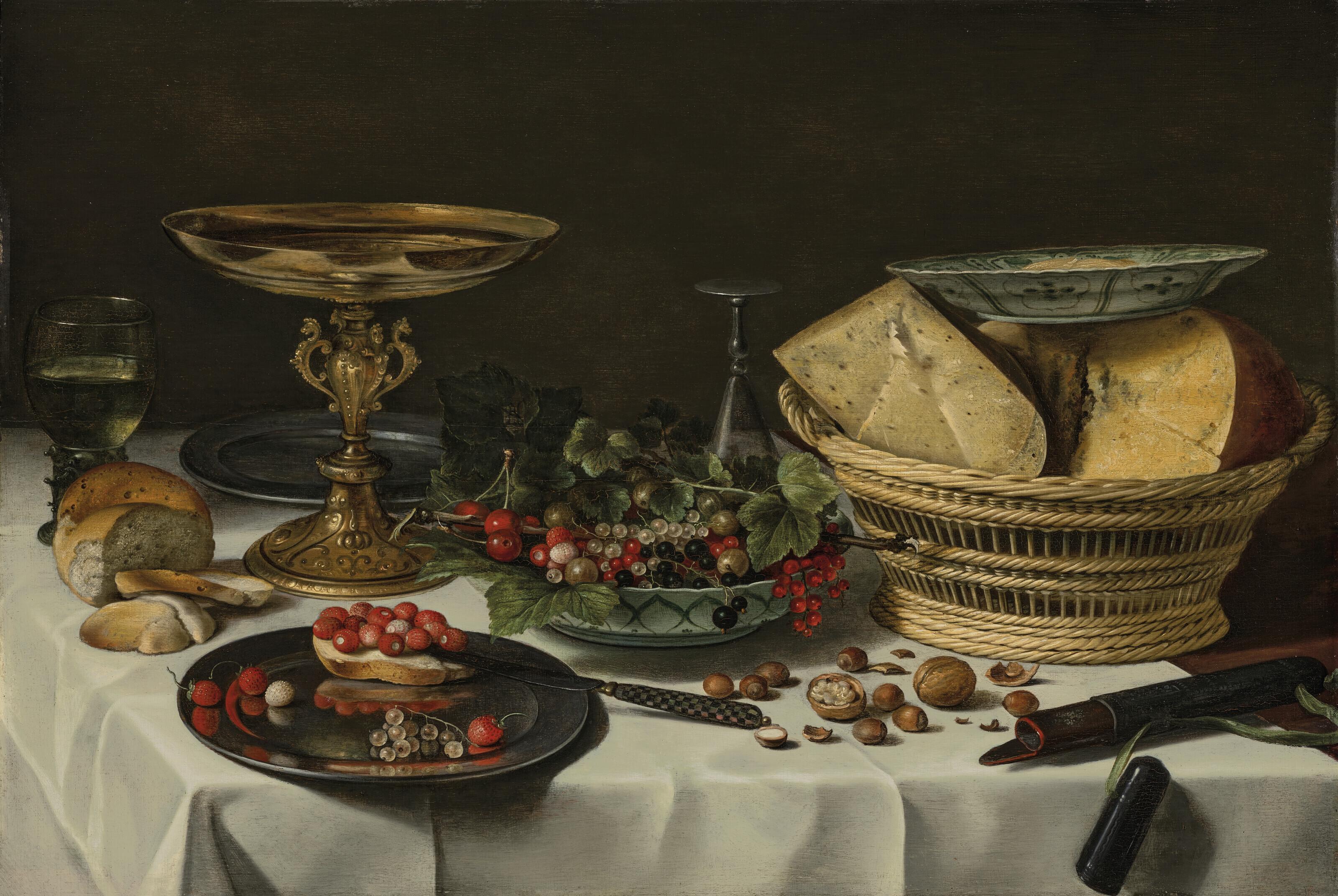 Pieter Claesz - Strawberries, currants and bread on a pewter platter, a roemer filled with wine, strawberries, cherries and currants in a porcelain bowl, a cheese basket, bread, nuts, a tazza, a silver knife and a knife-case, on a partly draped table
