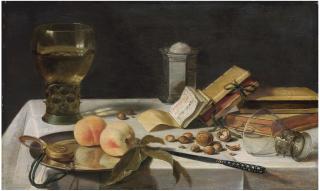 Pieter Claesz. - Two peaches, a watch, a roemer filled with wine, a salt cellar, books and chestnuts on a draped table