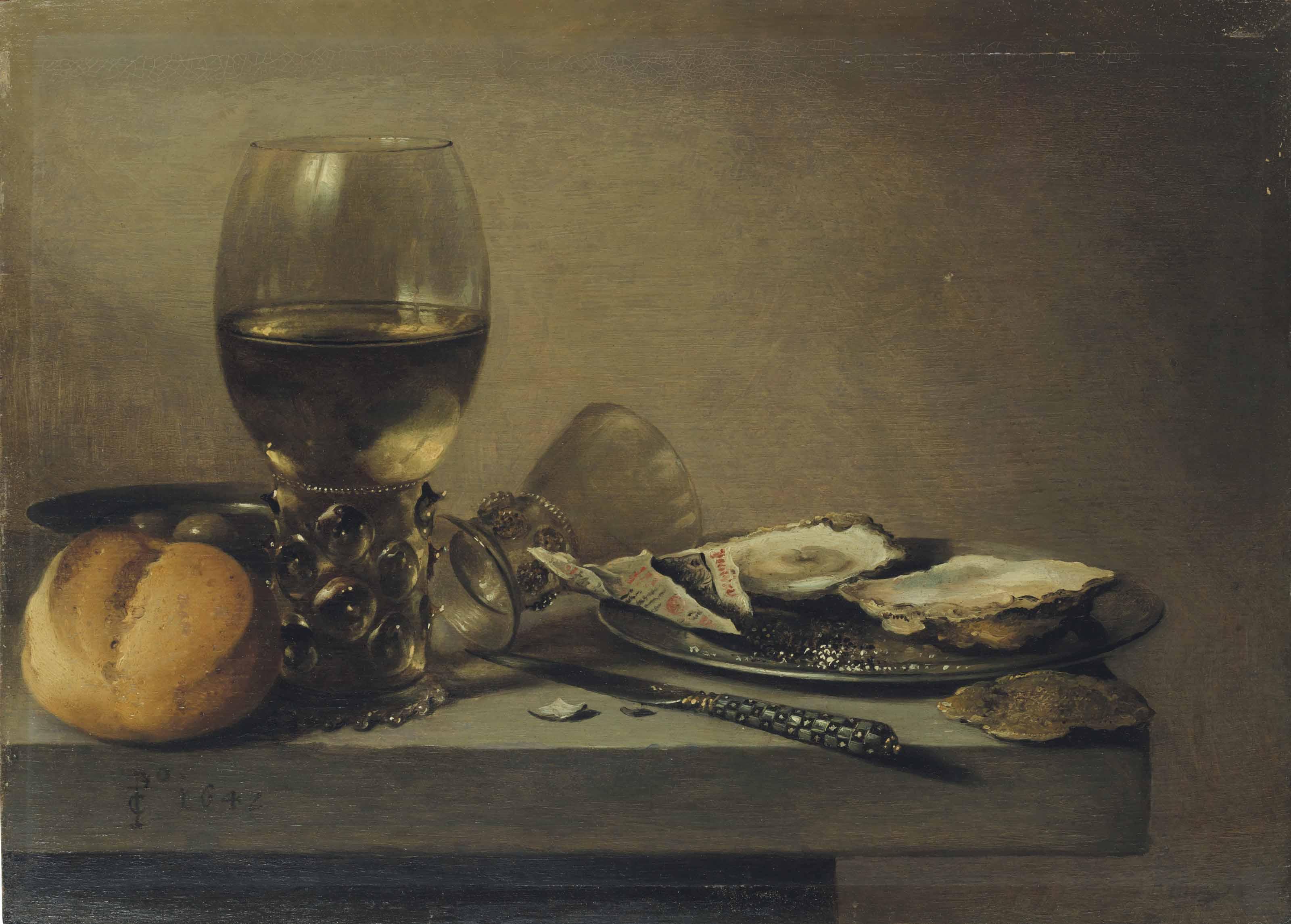 Pieter Claesz - Two Roemers, A Roll, A Plate Of Olives, A Knife, And Tobacco And Oysters On A Pewter Dish Atop A Table