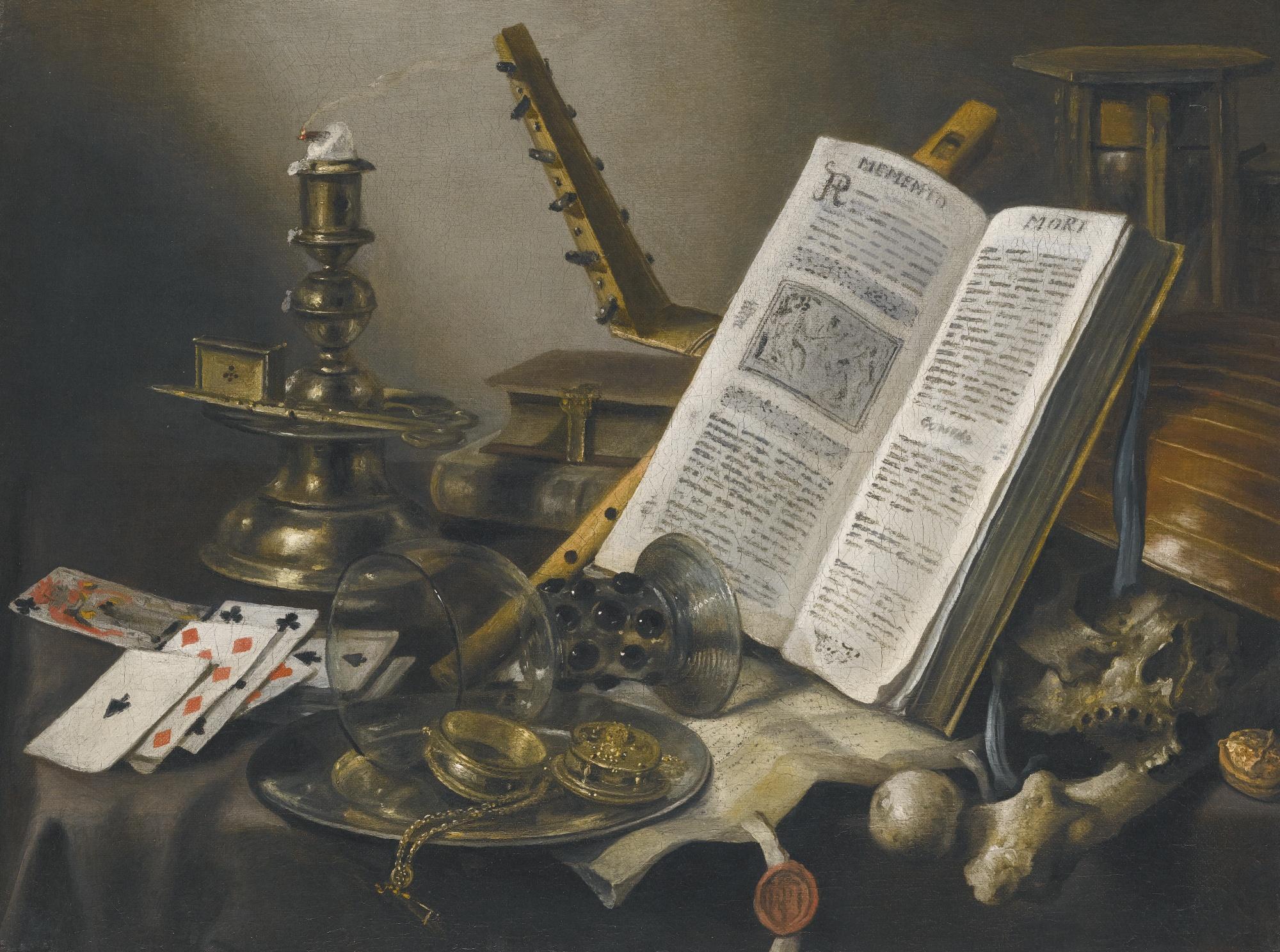 Pieter Claesz. - Vanitas Still Life With A Book, A Glass Roemer, A Skull, A Lute, A Pack Of Cards And Piece Of Parchment On A Table