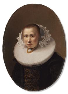 Pieter Codde - Portrait of a young lady, aged 22, three-quarter length, in a black dress with gold embroidery, a ‘molensteenkraag’ with gold necklaces and a white headdress