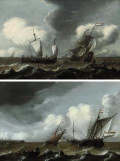 Pieter Coopse - A Dutch schooner, a man-o\'-war, and a fishing boat in stormy seas; and Dutch schooners and a landing skiff approaching the harbour