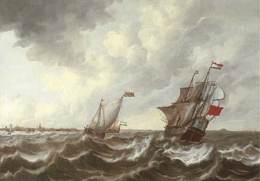 Pieter Coopse - A Dutch threemaster and other shipping in a stiff breeze with Middelburg, Flushing and Fort Rammekens in the distance