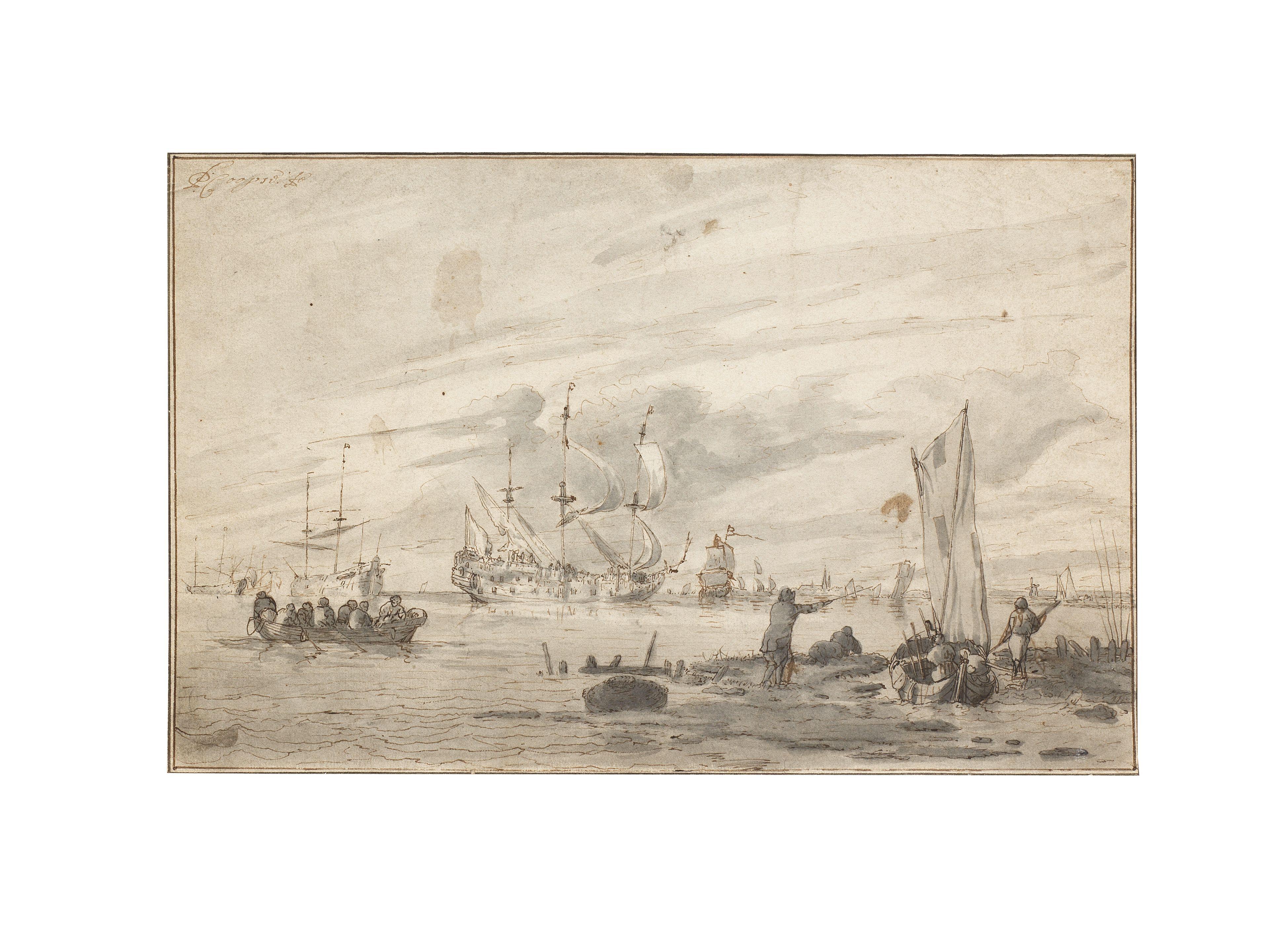 Pieter Coopse - A fisherman in the foreground, ships at anchor beyond unframed