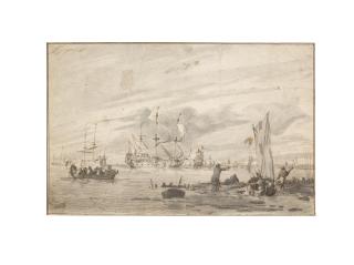 Pieter Coopse - A fisherman in the foreground, ships at anchor beyond unframed