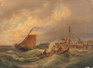 Pieter Cornelis Dommersen - Boats in a rough sea by a wooden jetty unframed