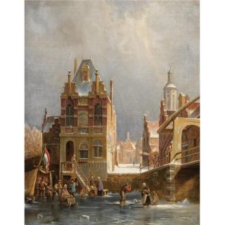 Pieter Cornelis Dommersen - Dutch Figures On The Ice In A Wintry Dutch Town