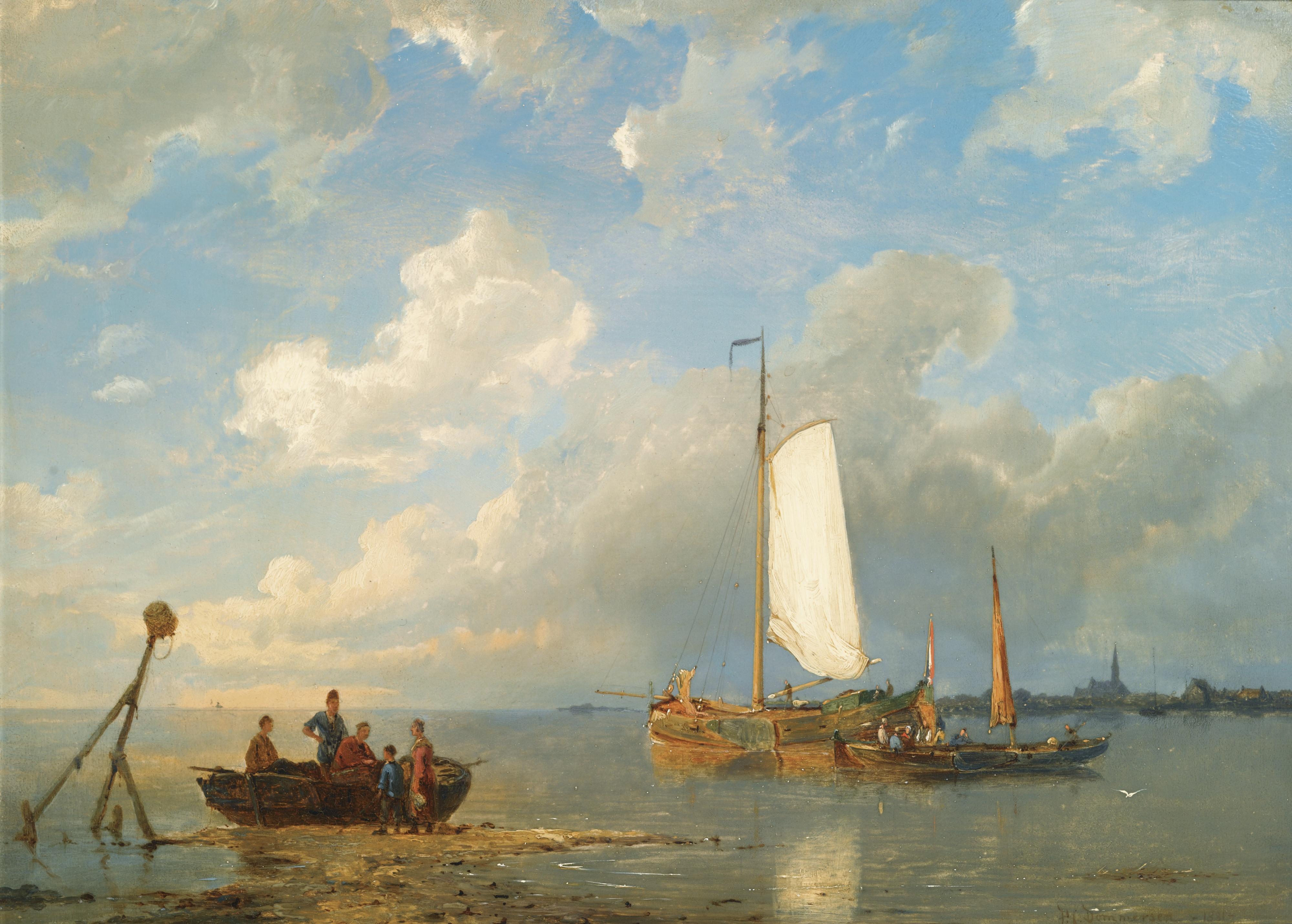 Pieter Cornelis Dommersen - Dutch shipping In A Dutch Estuary At Low Tide