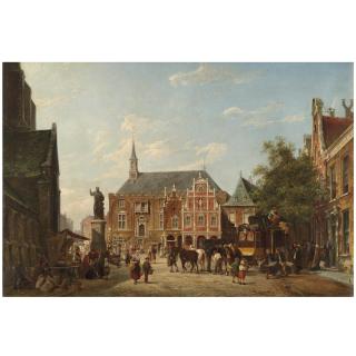 Pieter Cornelis Dommersen - Dutch The Town Hall And Market Place, Haarlem