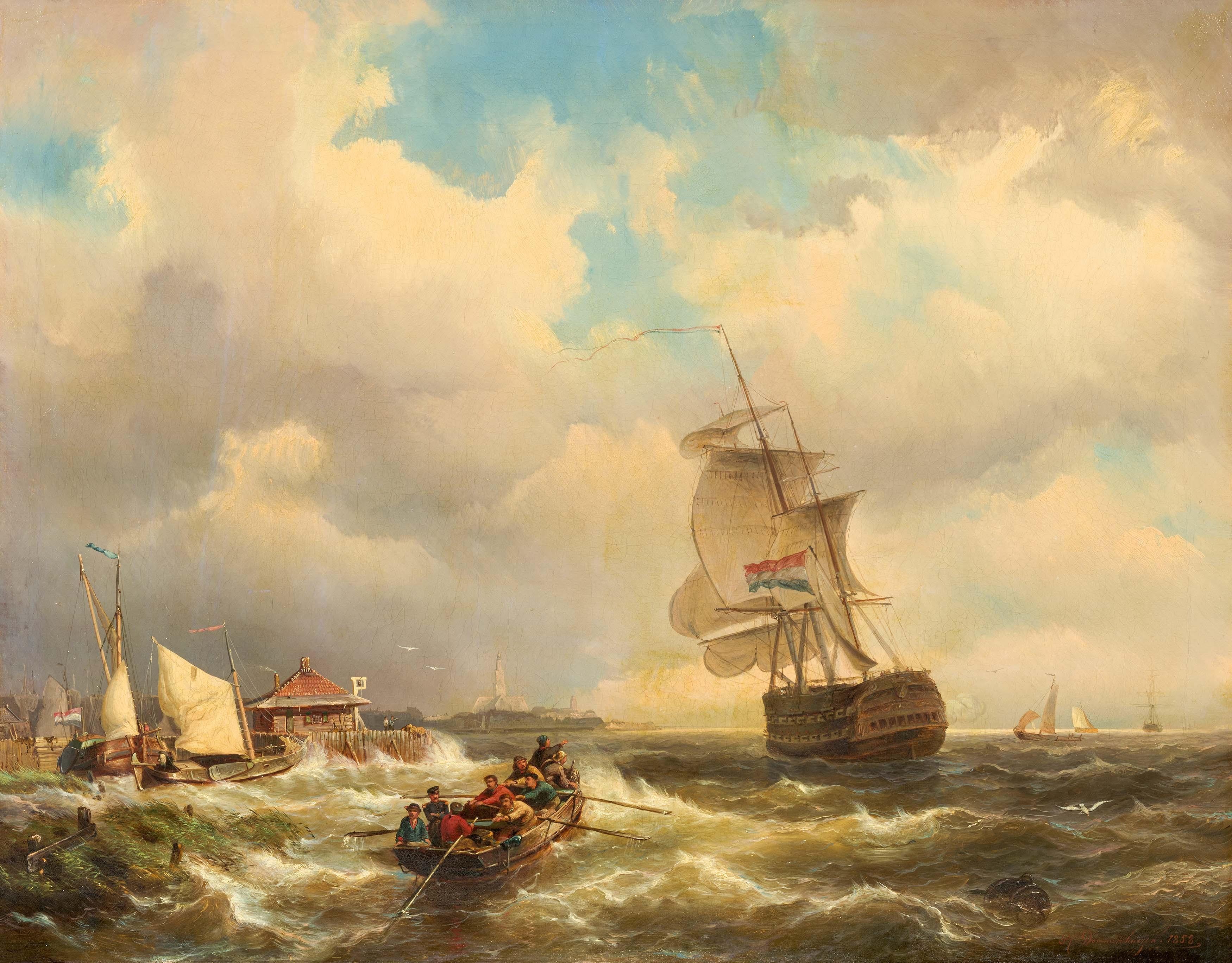 Pieter Cornelis Dommersen - Segler und Fährboote bei stürmicher See auf der Schelde.