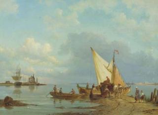 Pieter Cornelis Dommersen - Unloading the cargo on the bank of an estuary