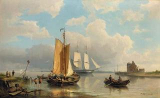 Pieter Cornelis Dommershuijzen - A river estuary with fishermen unloading the catch with a two-master beyond.