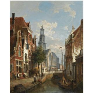 Pieter Cornelis Dommershuijzen - Dutch Figures In The Streets Along A Canal In Amsterdam, The Westerkerk In The Background