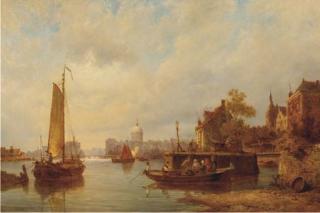 Pieter Cornelis Dommershuijzen - Figures in a rowing boat on a river near a Dutch town