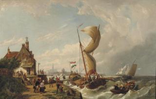 Pieter Cornelis Dommershuizen - Passengers boarding a ferry at the Goeser Veerhuis with the church of Goes beyond