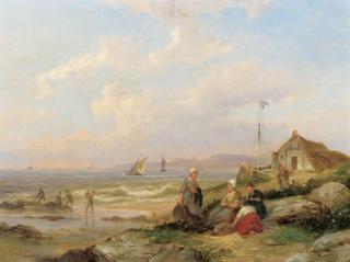 Pieter Cornelis Dommershuyzen - A coastal landscape with fisherwomen in the dunes