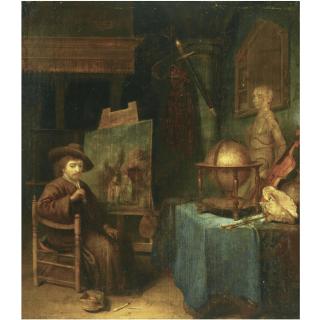 Pieter Cornelisz van Egmondt - An Artist In His Studio, Possibly A Self-Portrait, Next To A Violin, A Globe, A Sculpture And A Sea Shell On A Draped Table