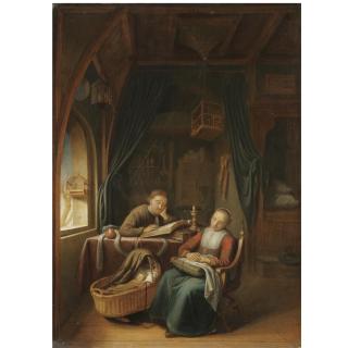 Pieter Cornelisz Van Egmondt - An Interior With A Man Reading, His Wife Snoozing In A Chair Beside Him