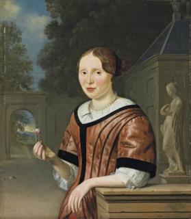 Pieter Cornelisz. van Slingeland - Portrait of a lady, half-length, in pink with pearls, holding a pink rose, beside a statue of Flora, in a courtyard, a landscape beyond