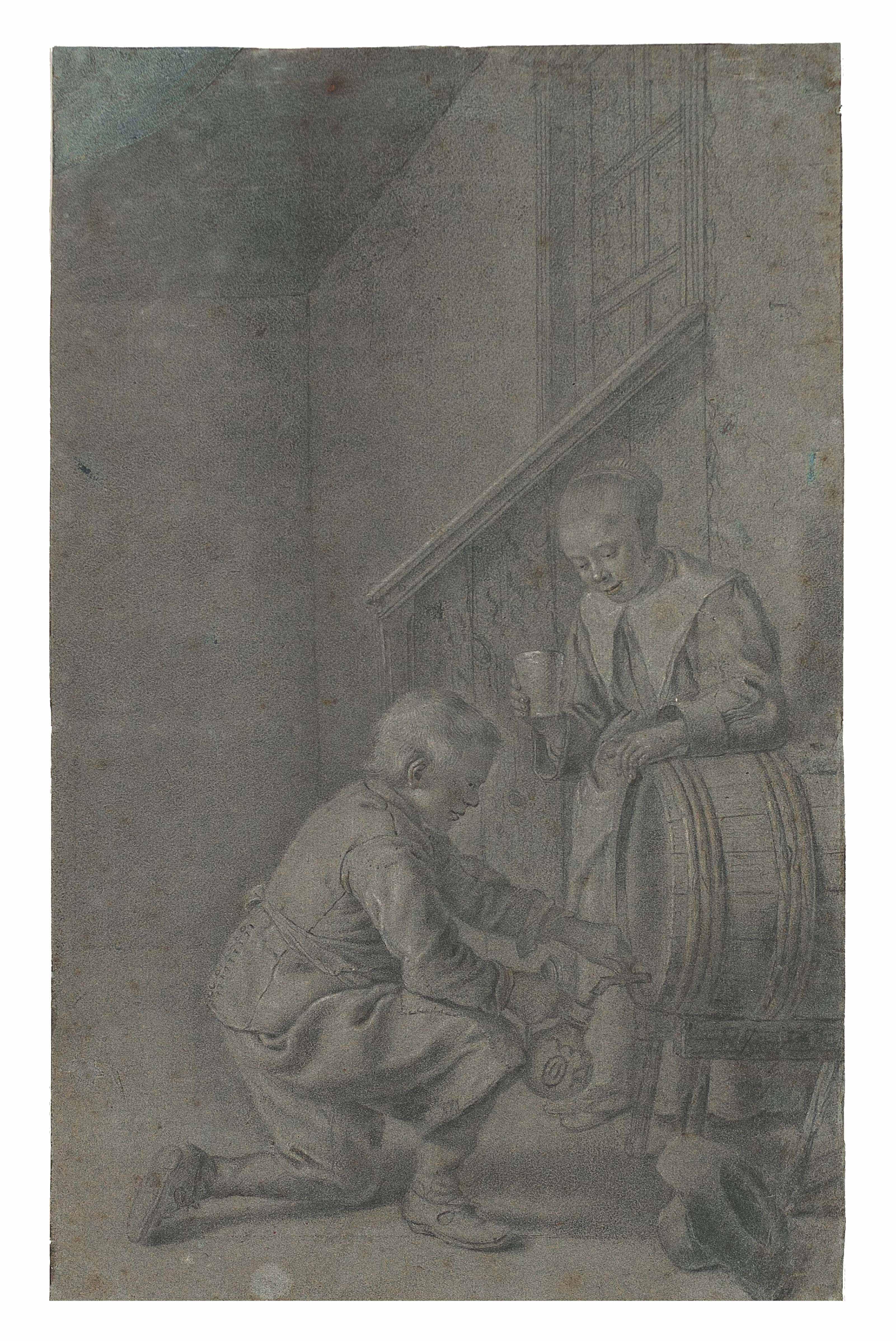 Pieter Cornelisz. van Slingelandt - A boy and girl drawing wine from a barrel