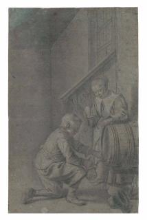 Pieter Cornelisz. van Slingelandt - A boy and girl drawing wine from a barrel