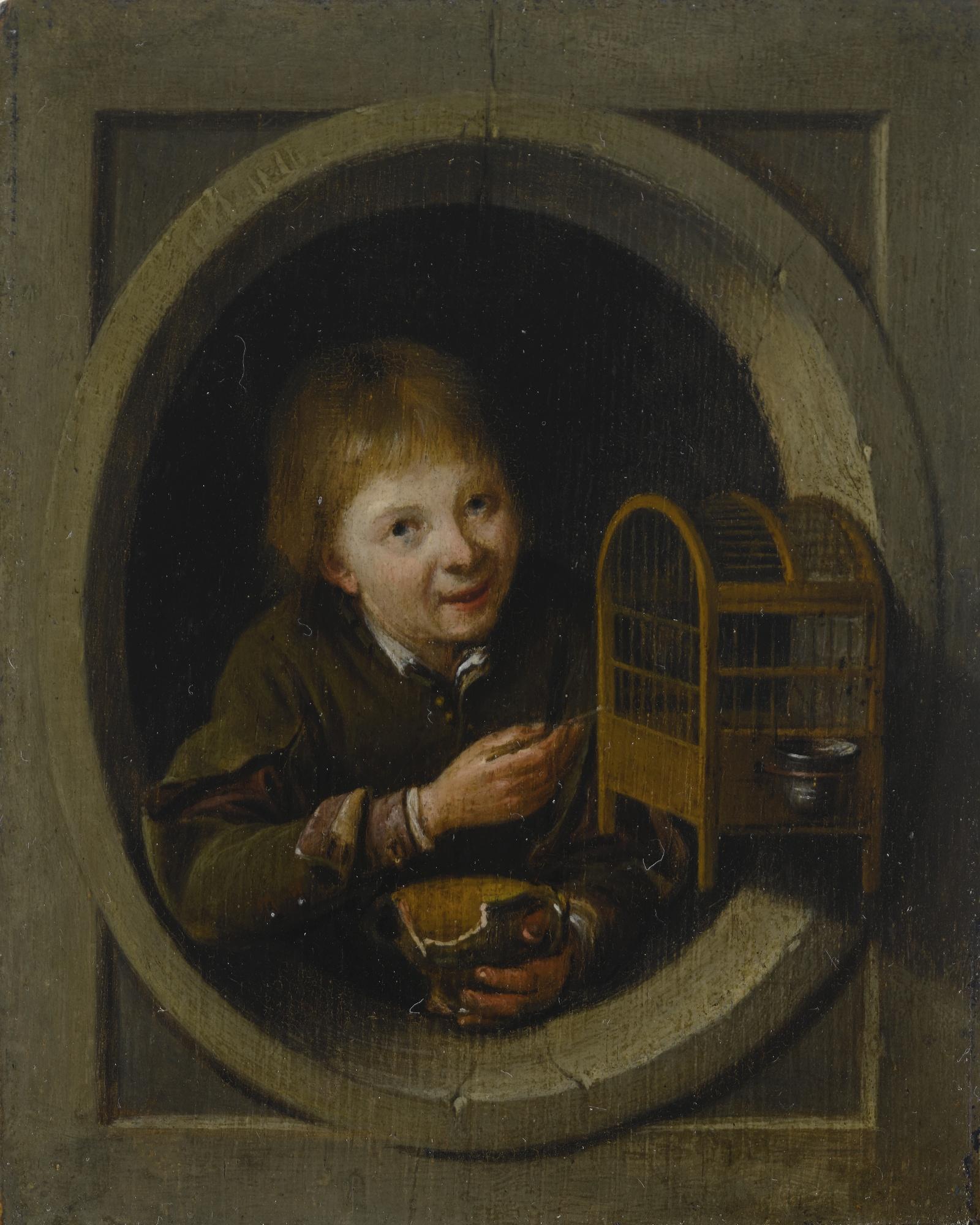 Pieter Cornelisz. van Slingelandt - Boy In A Window With A Birdcage