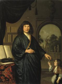 Pieter Cornelisz. Van Slingelandt - Portrait of a gentleman, three-quarter-length, in a \'Japansche rok\', standing in a library, giving a messenger a letter