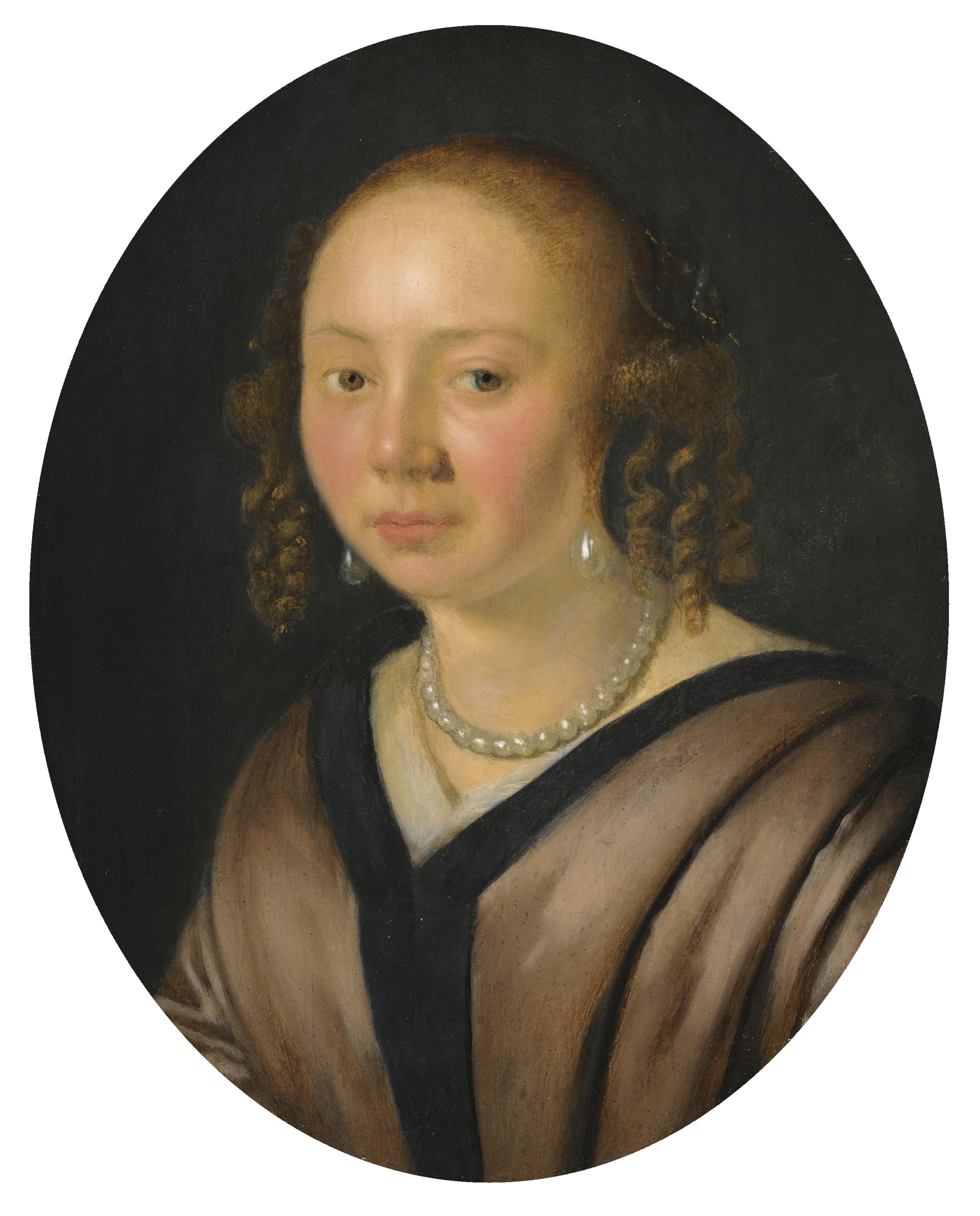 Pieter Cornelisz. Van Slingelandt - Portrait Of A Lady, Head And Shoulders, Wearing Pearl Earrings And A Necklace