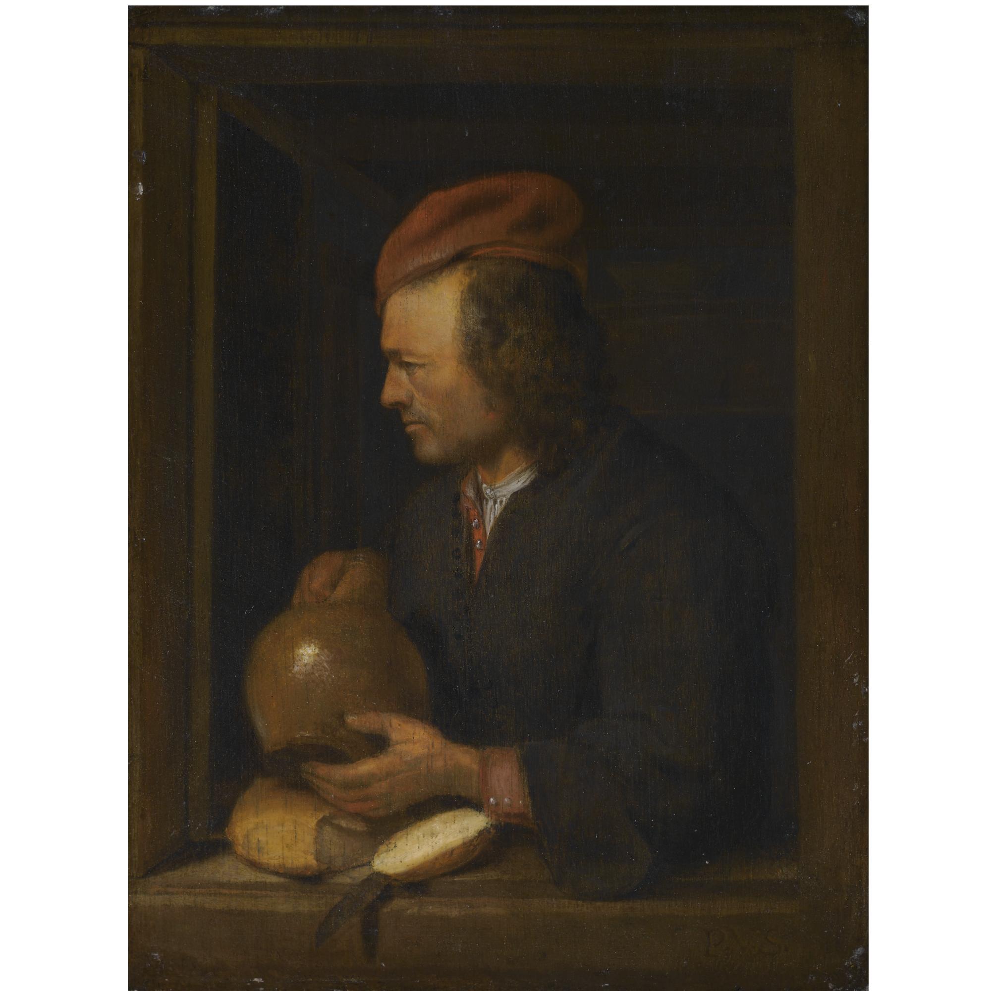 Pieter Cornelisz. Van Slingelandt - Study Of A Man Holding A Pitcher