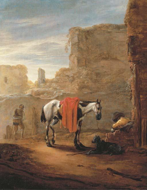 Pieter Cornelisz. Verbeeck - A horse and traveller resting on a road with ruins beyond