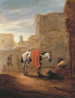 Pieter Cornelisz. Verbeeck - A horse and traveller resting on a road with ruins beyond