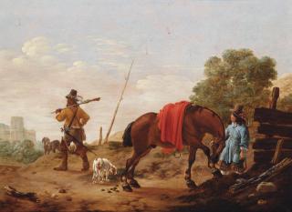 Pieter Cornelisz. Verbeeck - A landscape with huntsmen, a horse and dogs near a fence