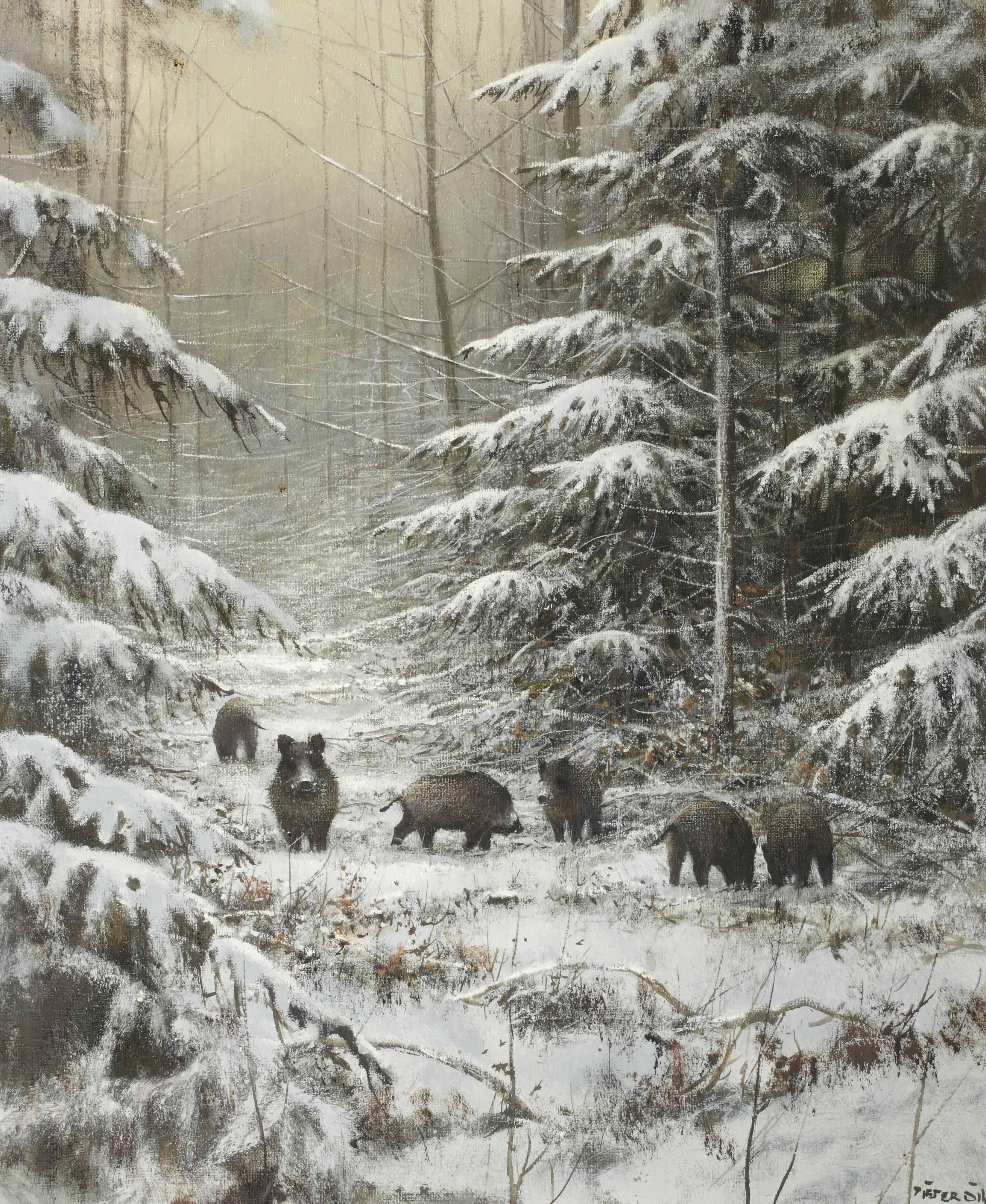 Pieter Daniel Dik - Boars in a winter landschap