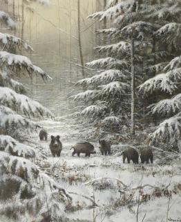 Pieter Daniel Dik - Boars in a winter landschap
