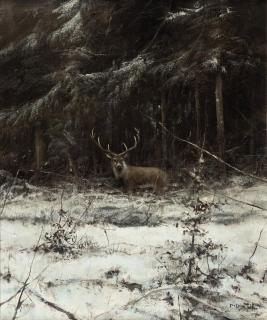 Pieter Daniel Dik - Deer in a forest in winter