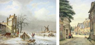 Pieter Daniel van der Burgh - A Dutch winter landscape with skaters on a frozen river; and A Dutch townscape with figures at a market before a cathedral
