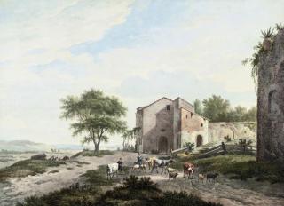 Pieter Daniel van der Burgh - An extensive landscape with a drover with cattle and sheep