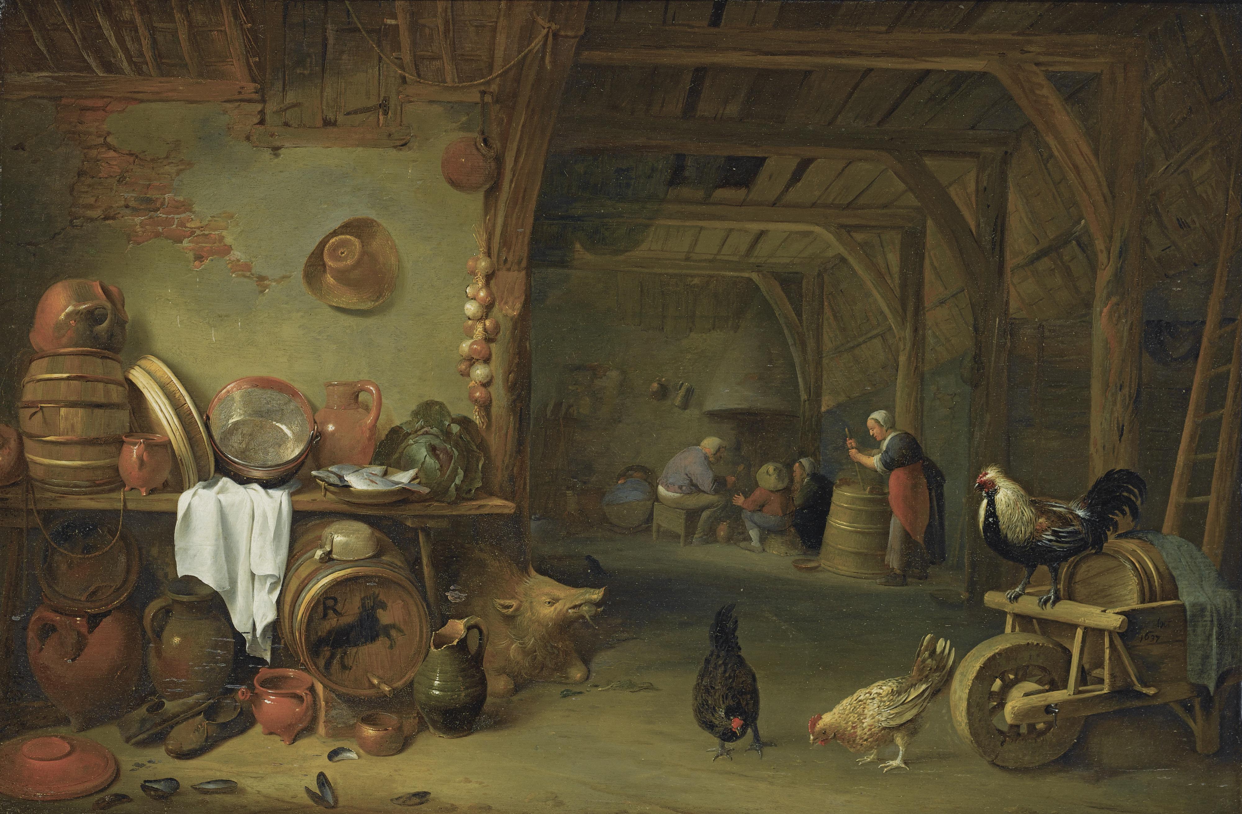 Pieter De Bloot - A Barn Interior With A Still Life Of Fish On A Plate, A Cabbage, Earthenware And Copper Pots And Pans And Other Kitchen Utensils, Together With A Boar And Three Chickens, A Group Of Peasants In The Background