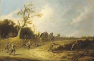 Pieter de Bloot - A dune landscape with bandits ambushing travellers in wagons