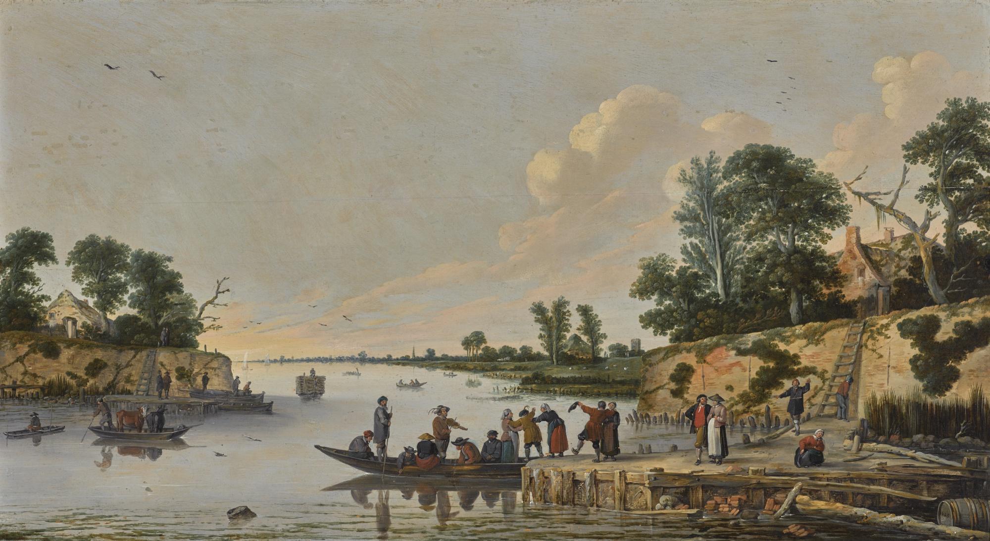 Pieter De Bloot - A Landscape With Ferries Crossing A River