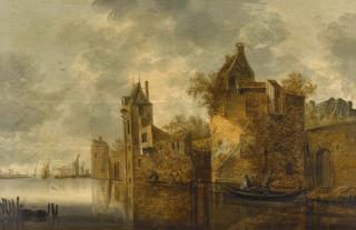 Pieter De Bloot - A River Landscape With Figures In Rowing Boats Beside Buildings
