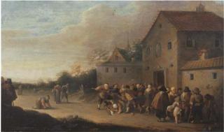 Pieter De Bloot - A village landscape with the Distribution of Bread to the Poor