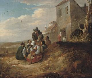 Pieter de Bloot - A wooded landscape with travellers at rest by a cottage