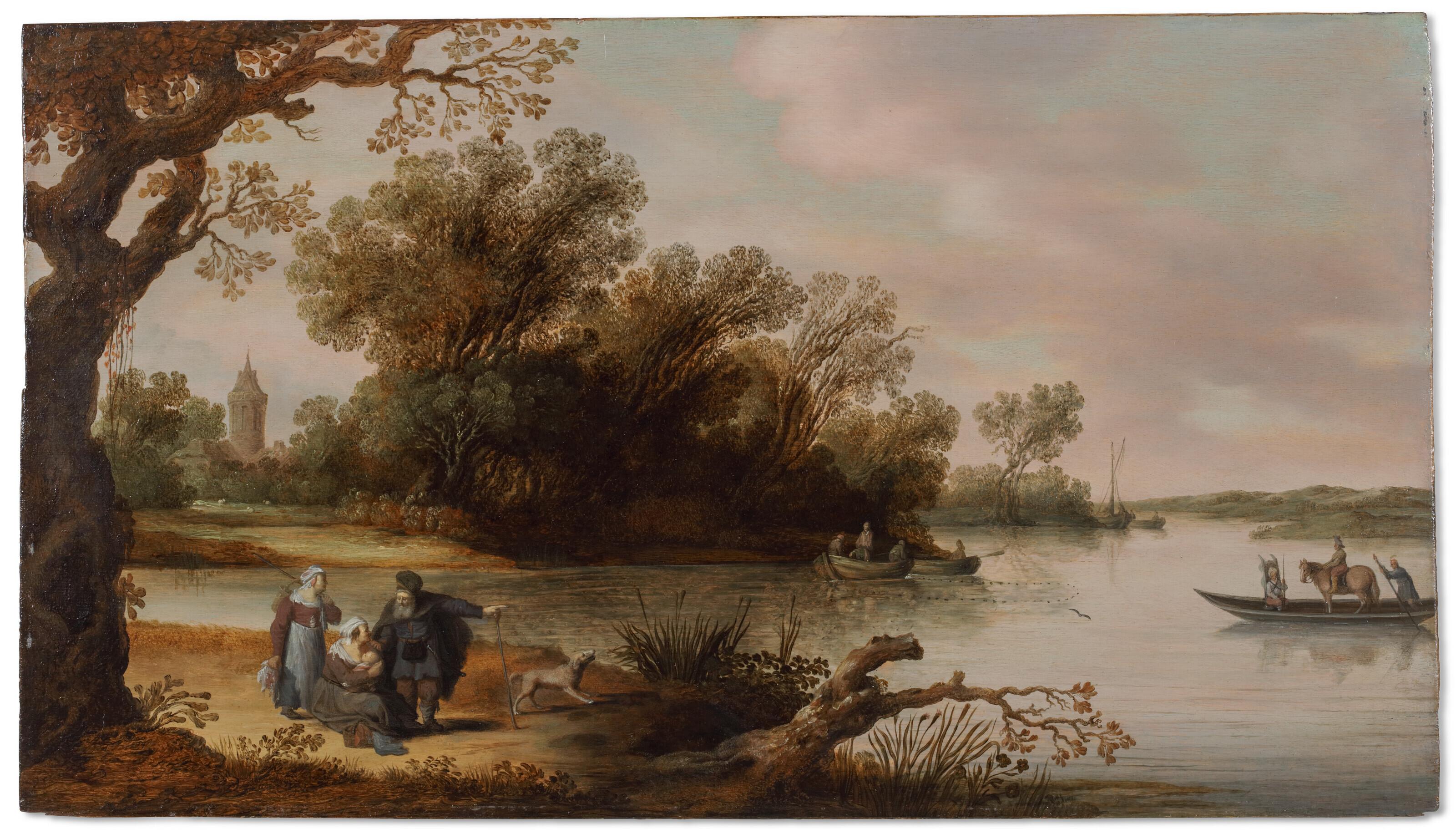 Pieter De Bloot - A wooded river landscape with figures resting by a tree on the river bank, a ferry with a horseman and fishermen hauling in their nets beyond