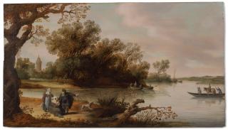 Pieter De Bloot - A wooded river landscape with figures resting by a tree on the river bank, a ferry with a horseman and fishermen hauling in their nets beyond