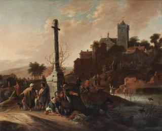 Pieter De Bloot - Beggars On A Riverbank With A Village And Bathers Beyond