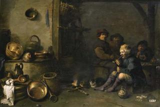 Pieter De Bloot - Boors smoking by a fire in a barn, with pots, pans and other kitchen utensils in the foreground