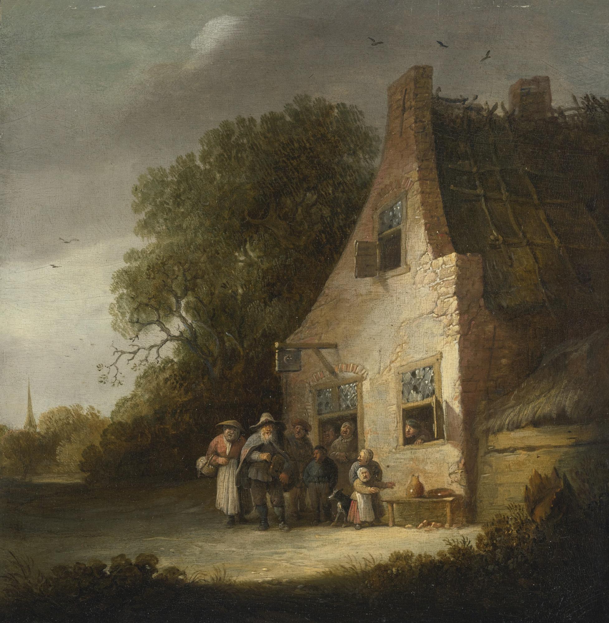 Pieter de Bloot - Peasants Standing At The Entrance To An Inn, Listening To A Man Playing The Hurdy-Gurdy