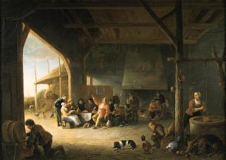 Pieter de Bloot - The interior of a barn with boors carousing