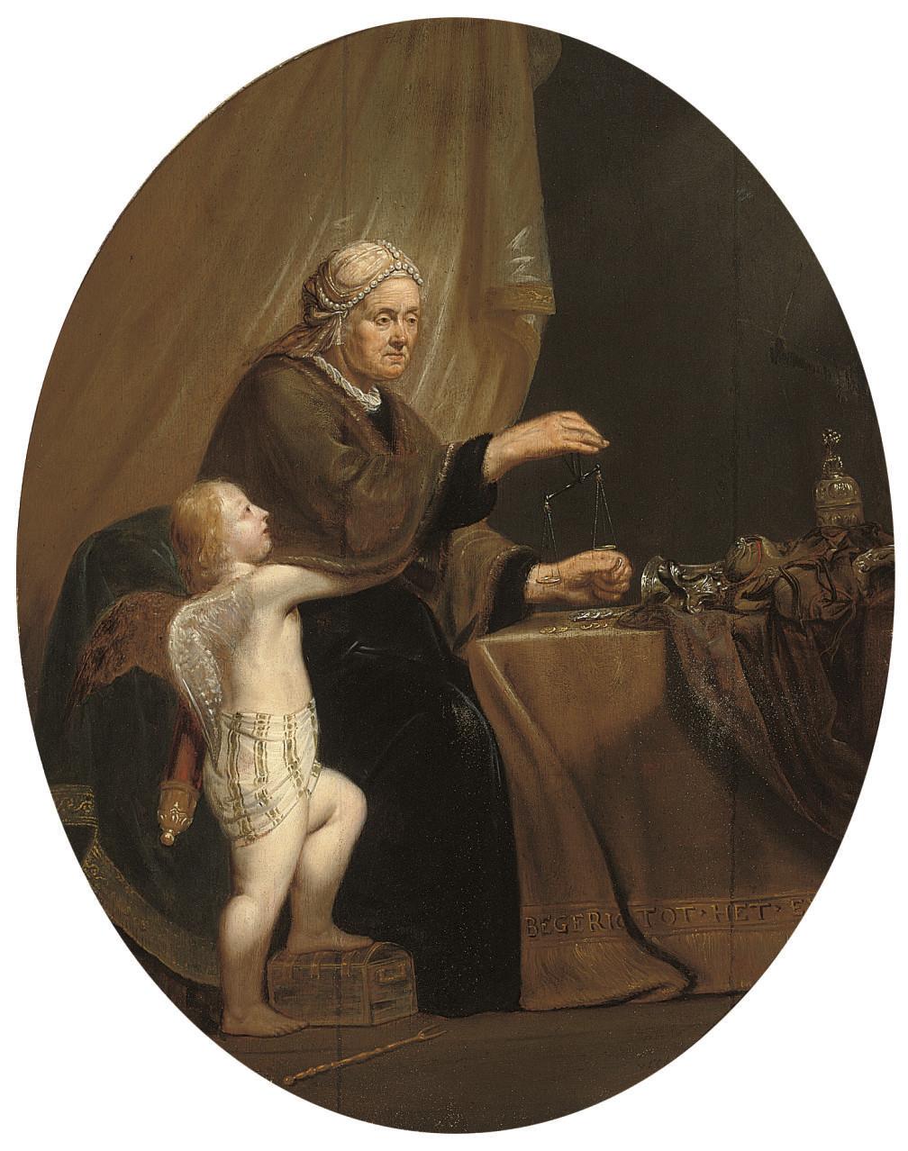 Pieter de Grebber - An old woman weighing gold, Cupid by her side